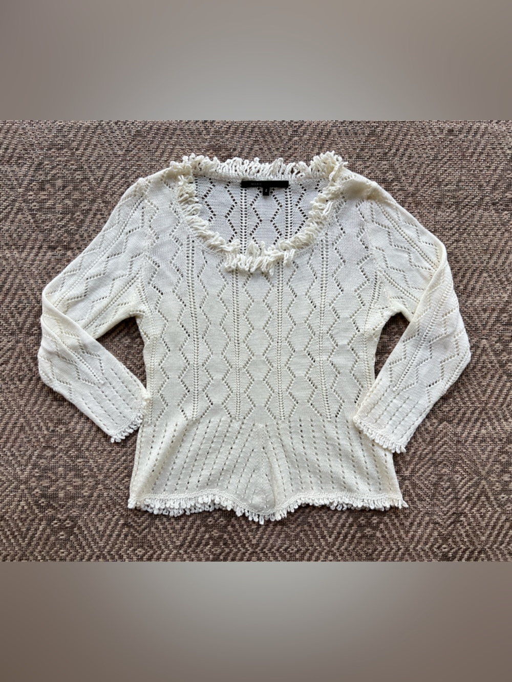 Marc Jacobs 100% Wool‎ Open Knit Sweater Cream Womens Size 2 Fringe Trim